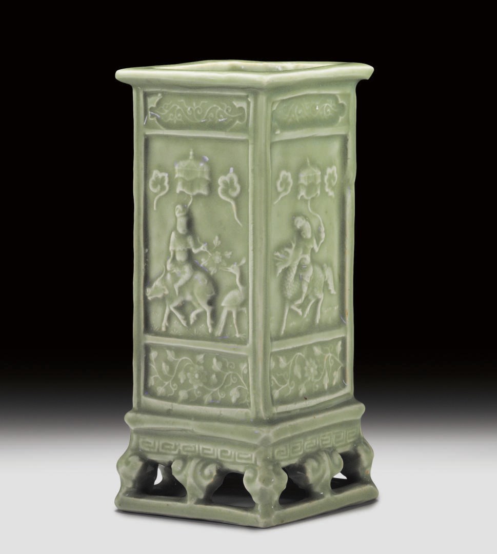 A MOLDED LONGQUAN CELADON SQUARE VASE