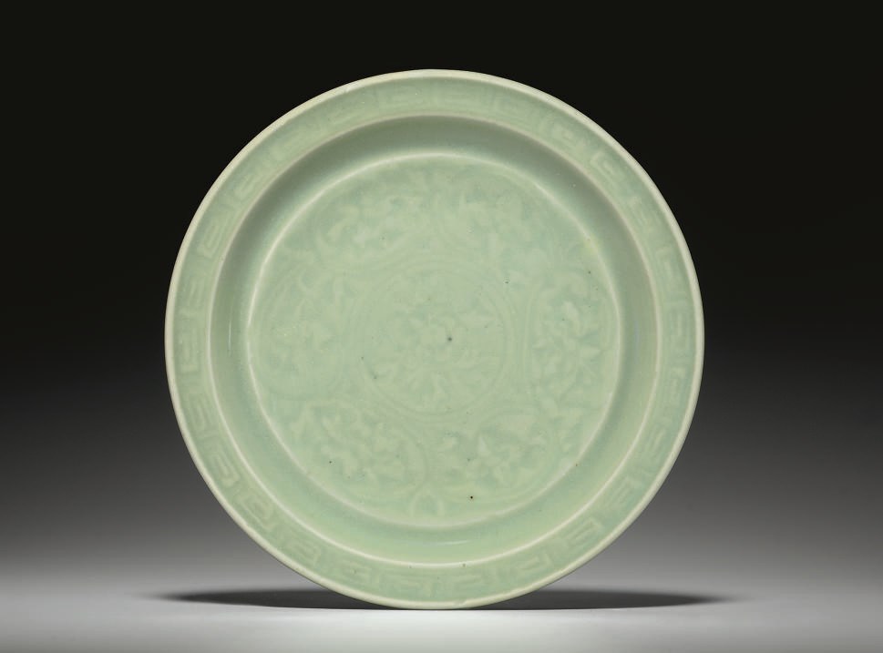 A CARVED LONGQUAN CELADON SHALLOW DISH