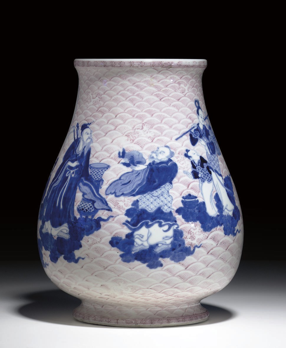 AN UNDERGLAZE BLUE AND COPPER-RED-DECORATED HU-FORM VASE
