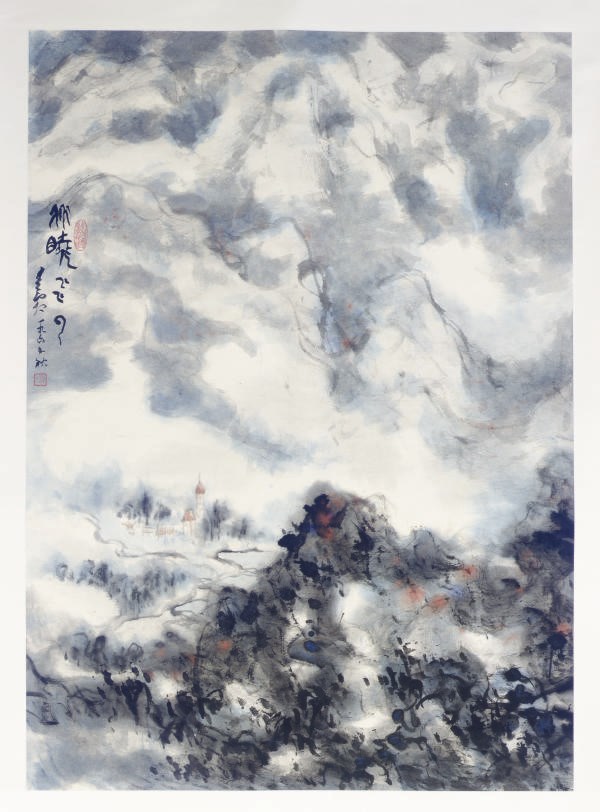 A CHINESE HANGING SCROLL PAINTING 'EUROPEAN LANDSCAPE WITH TOWER DWELLING AND CLOUDS',