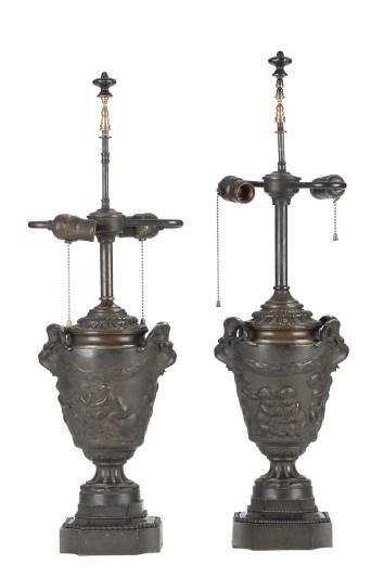 A PAIR OF FRENCH PATINATED BRONZE URNS MOUNTED AS TABLE LAMPS,