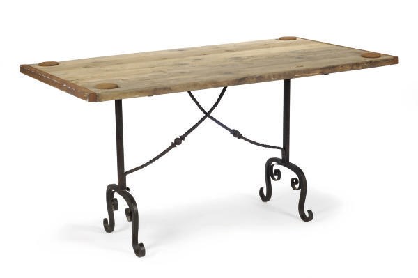 A WROUGHT-IRON AND OAK SIDE TABLE,