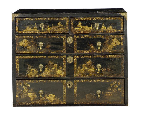 A NORTH EUROPEAN BLACK AND GILT-JAPANNED CHEST,