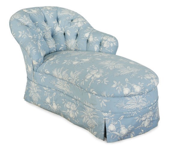 A BLUE AND WHITE-UPHOLSTERED CHAISE-LONGUE,