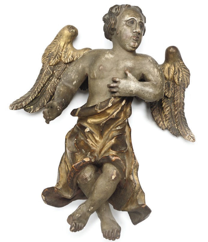A SOUTH GERMAN GILTWOOD AND POLYCHROME FIGURE OF AN ANGEL