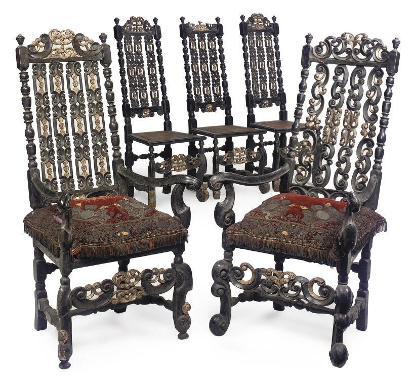 A MATCHED SET OF FIVE QUEEN ANNE EBONISED AND PARCEL-GILT CHAIRS
