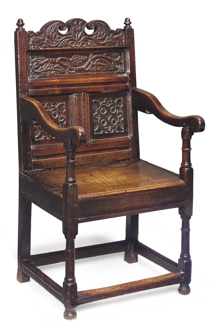 A WILLIAM AND MARY OAK ARMCHAIR