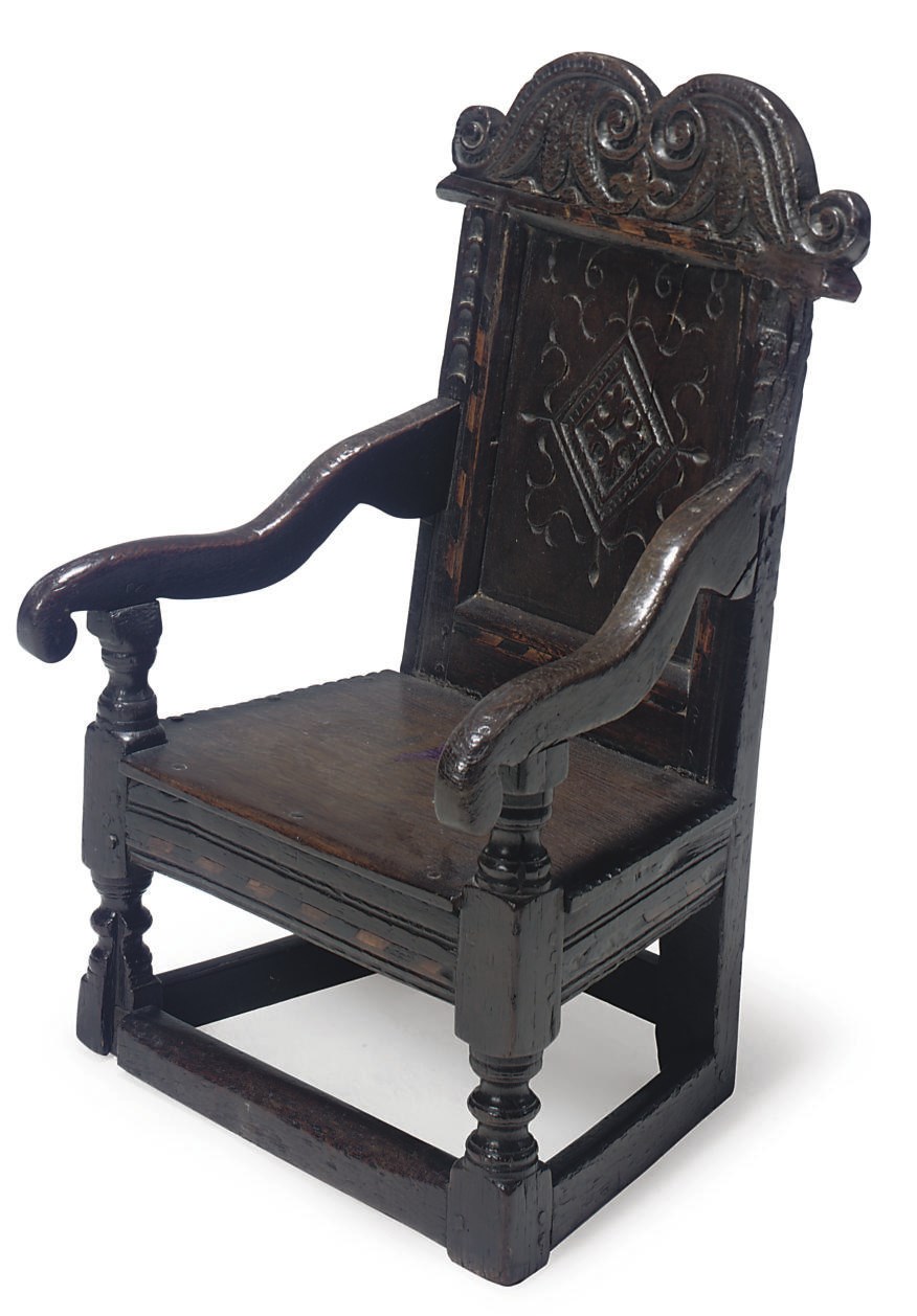 A CHARLES II OAK AND INLAID CHILD'S ARMCHAIR