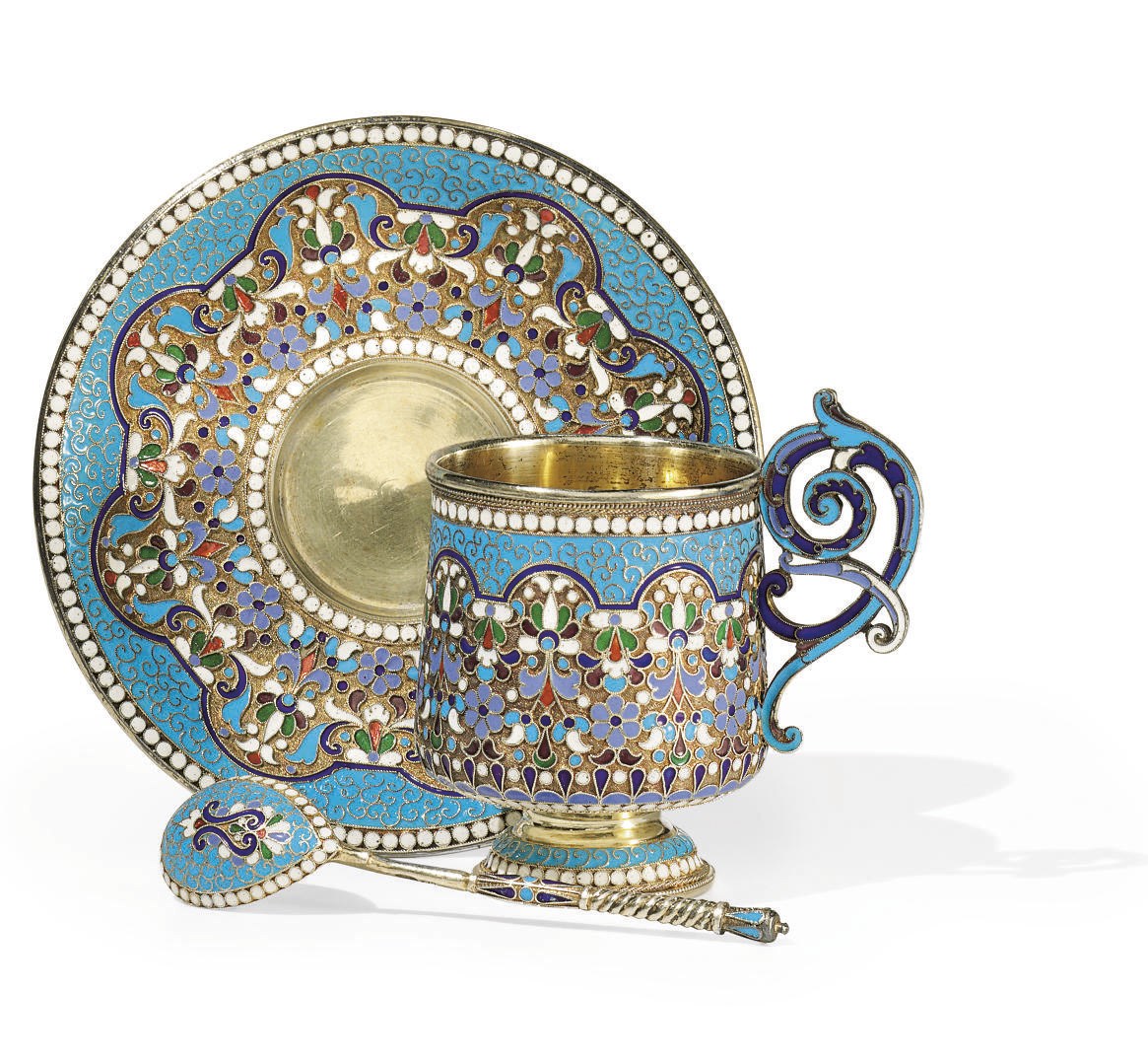A SILVER-GILT AND CLOISONNÉ ENAMEL DEMITASSE CUP AND SAUCER WITH A SPOON