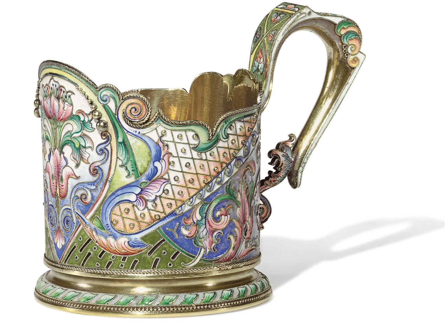 A SILVER-GILT AND CLOISONNÉ ENAMEL TEA GLASS HOLDER