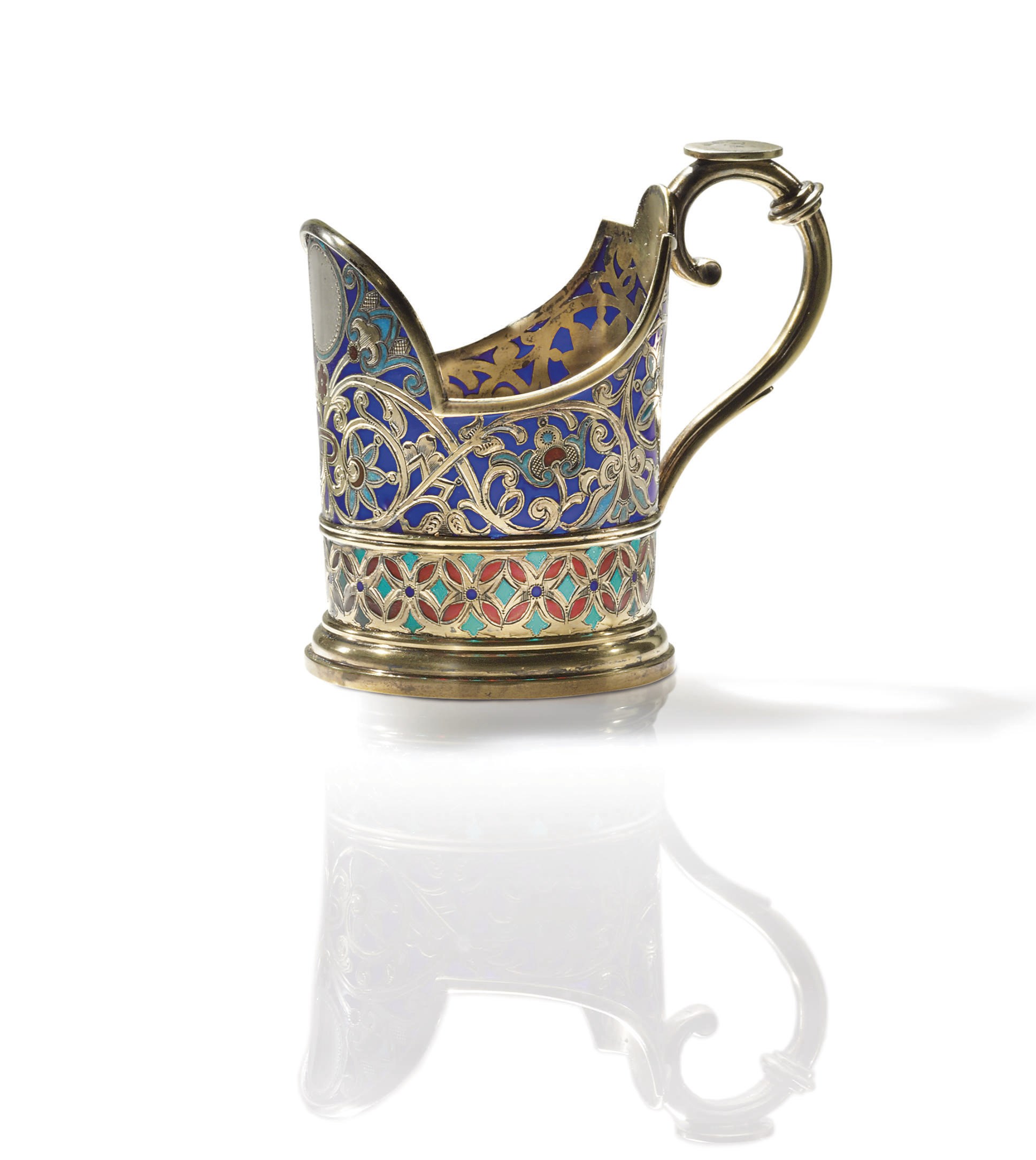 A SILVER-GILT AND PLIQUE-À-JOUR ENAMEL TEA GLASS HOLDER