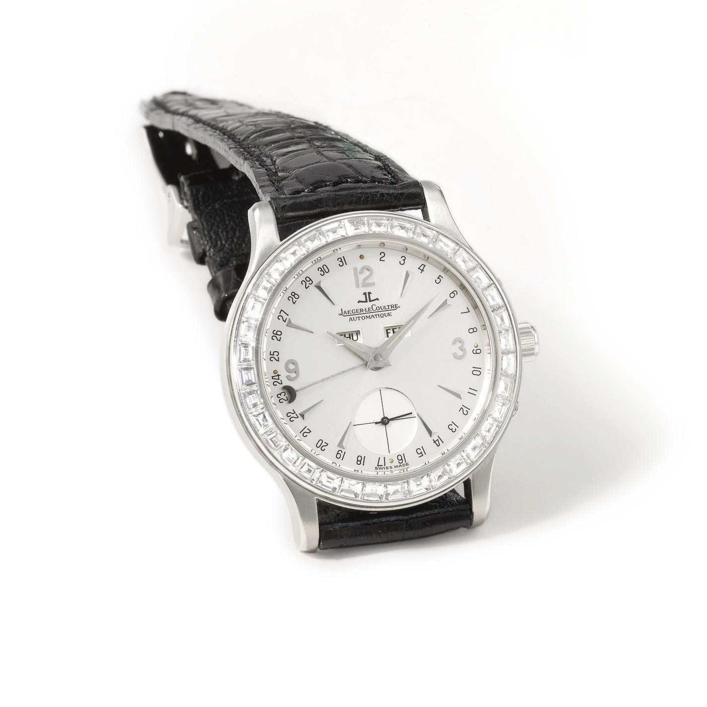 Jaeger-LeCoultre. A fine and rare platinum and diamond-set automatic triple calendar wristwatch