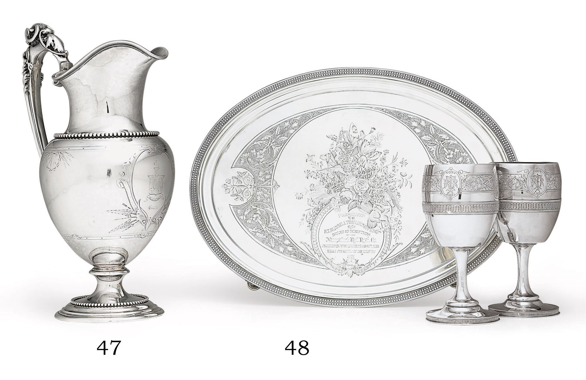 A SILVER PRESENTATION TRAY AND PAIR OF PARCEL-GILT SILVER GOBLETS