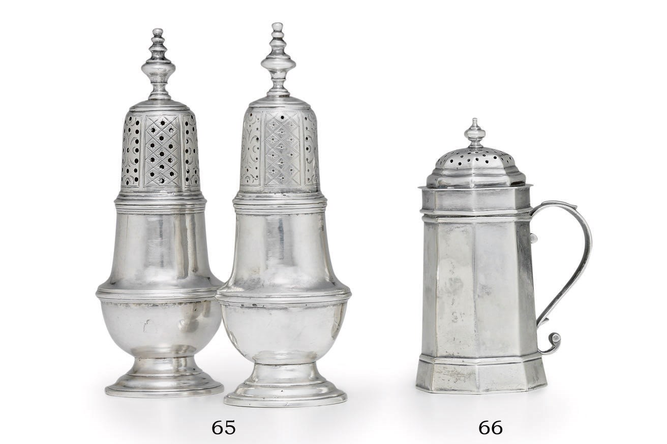 A PAIR OF SILVER CASTERS