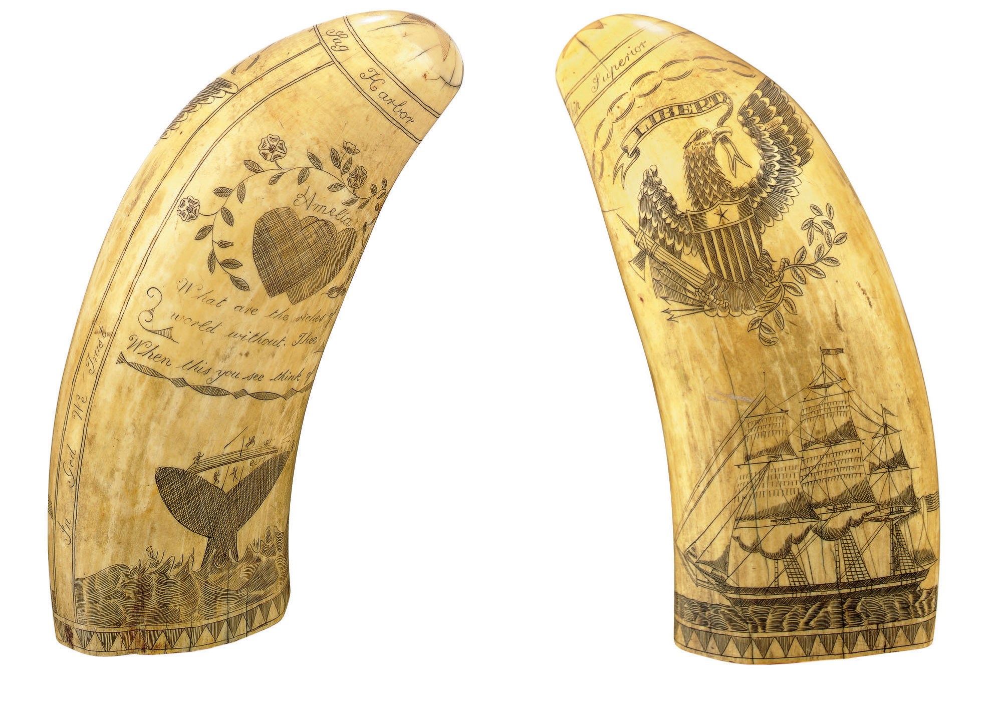 A SCRIMSHAW WHALE TOOTH