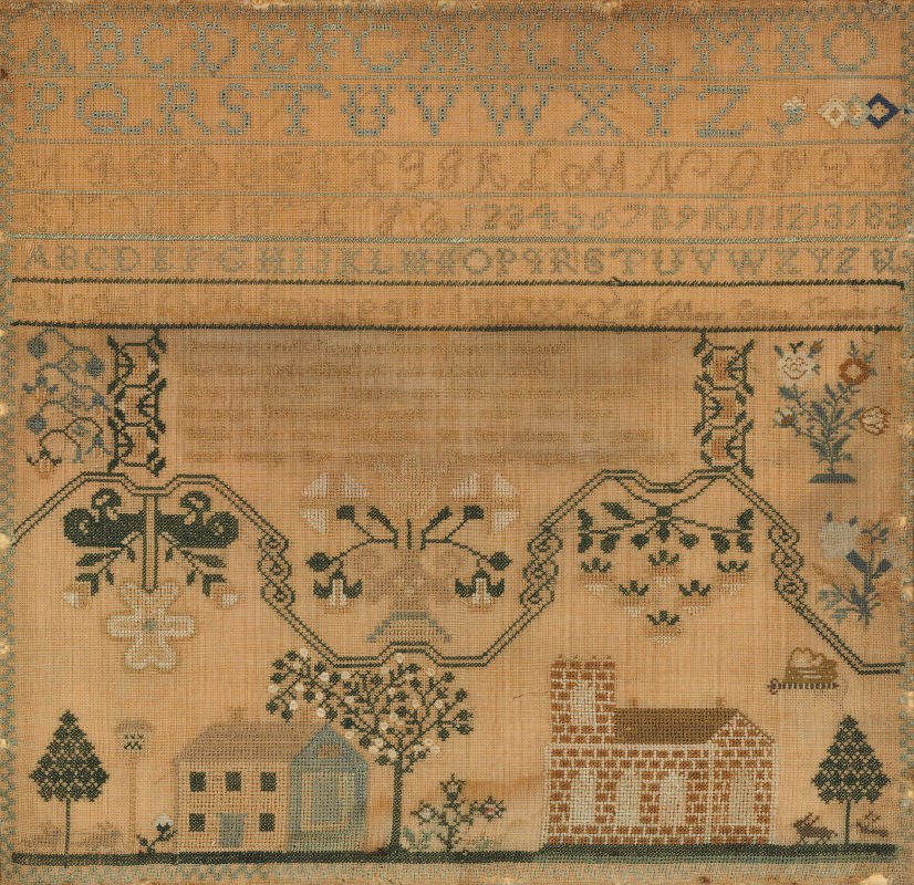 A SILK ON LINEN NEEDLEWORK SAMPLER