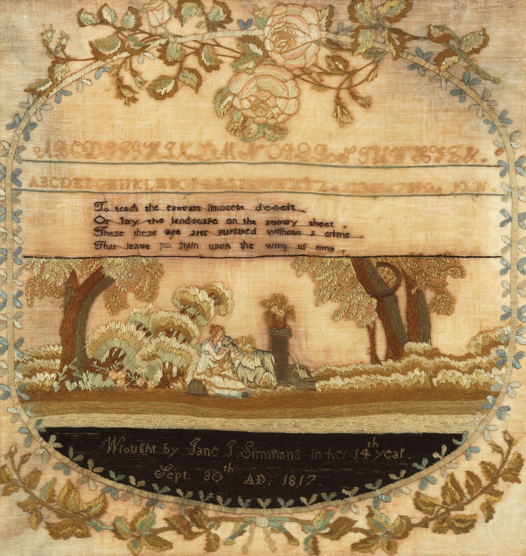 A SILK ON SILK AND WATERCOLOR NEEDLEWORK SAMPLER