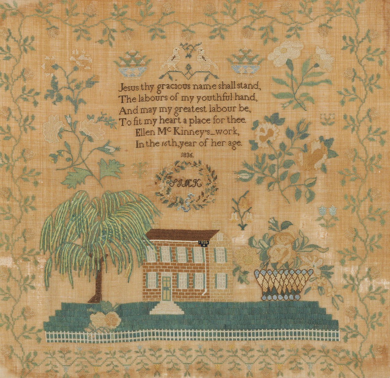 A SILK AND LINEN NEEDLEWORK SAMPLER