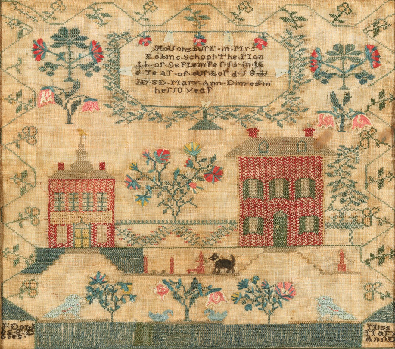 A SILK ON LINEN NEEDLEWORK SAMPLER