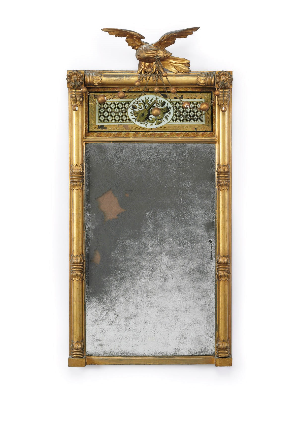 A FEDERAL GILTWOOD AND EGLOMISE LOOKING GLASS