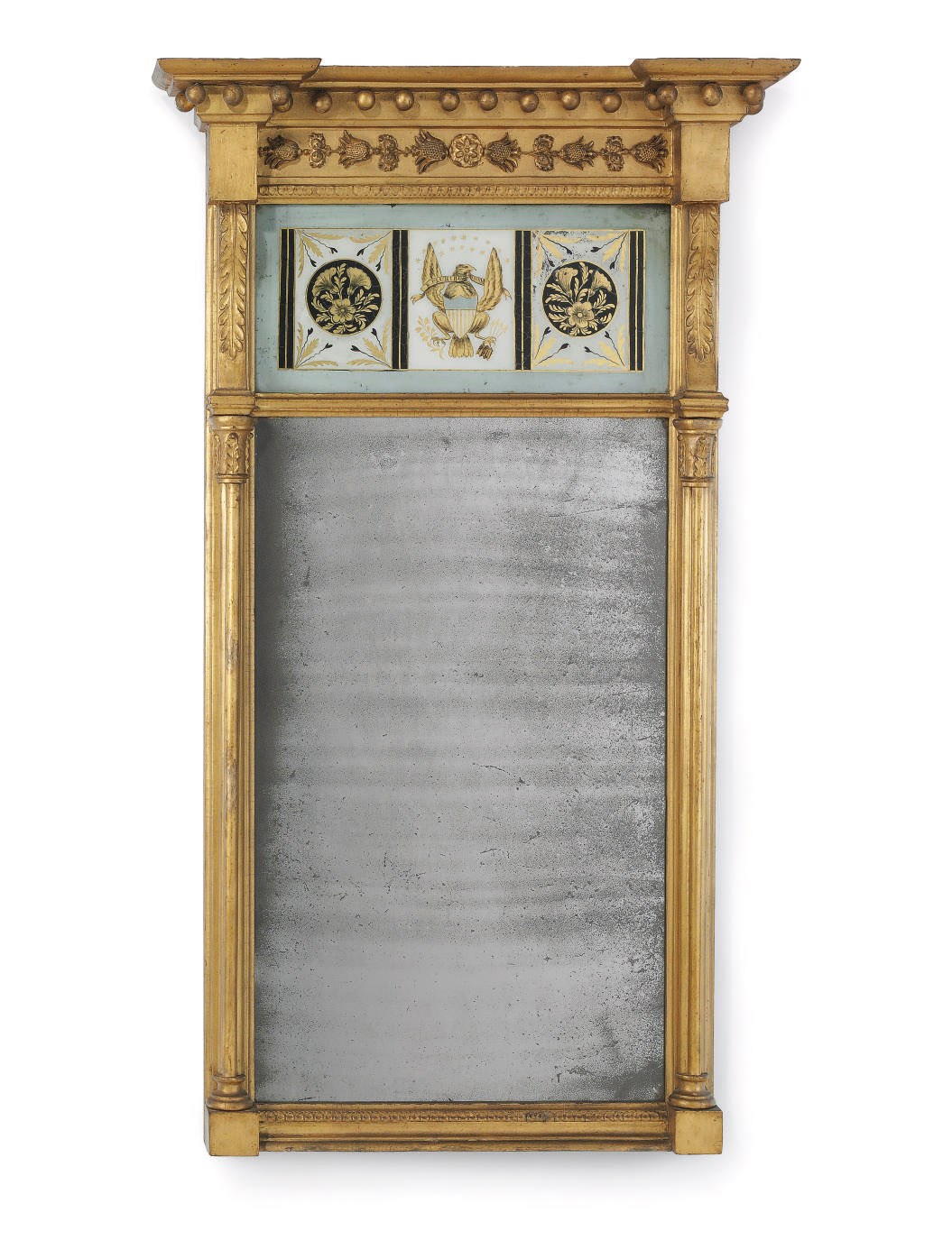 A FEDERAL GILTWOOD AND EGLOMISE LOOKING GLASS