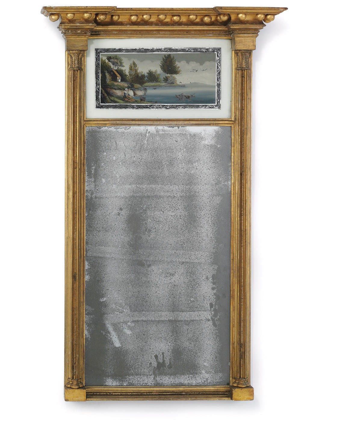 A FEDERAL GILTWOOD AND EGLOMISE LOOKING GLASS