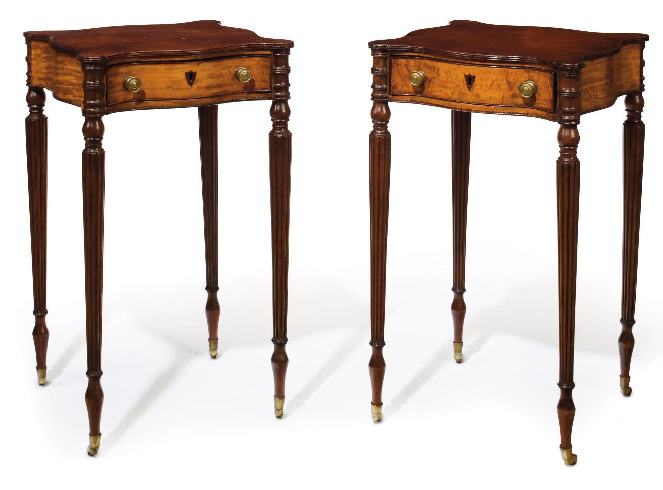 A PAIR OF FEDERAL STYLE MAHOGANY AND SATINWOOD WORKTABLES