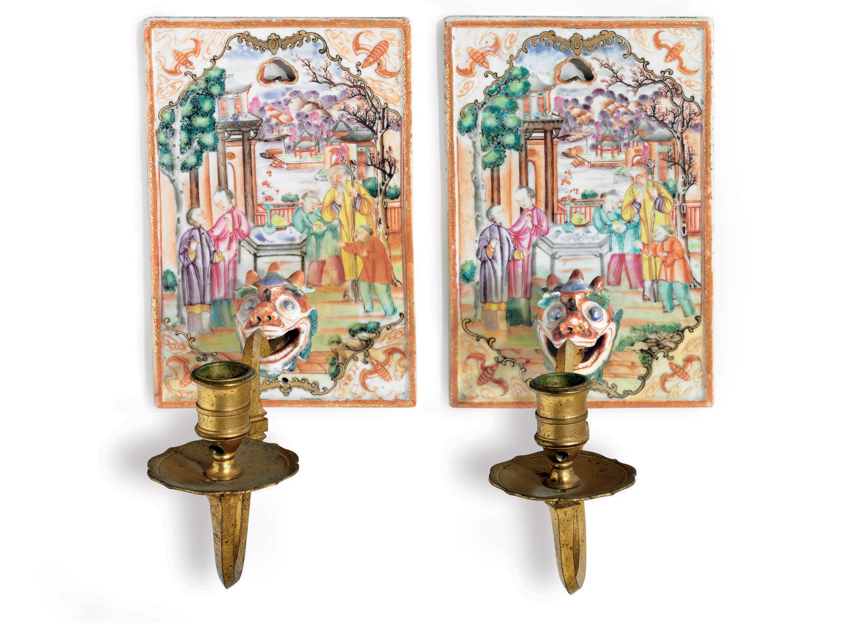 A PAIR OF 'MANDARIN PALETTE' WALL SCONCES