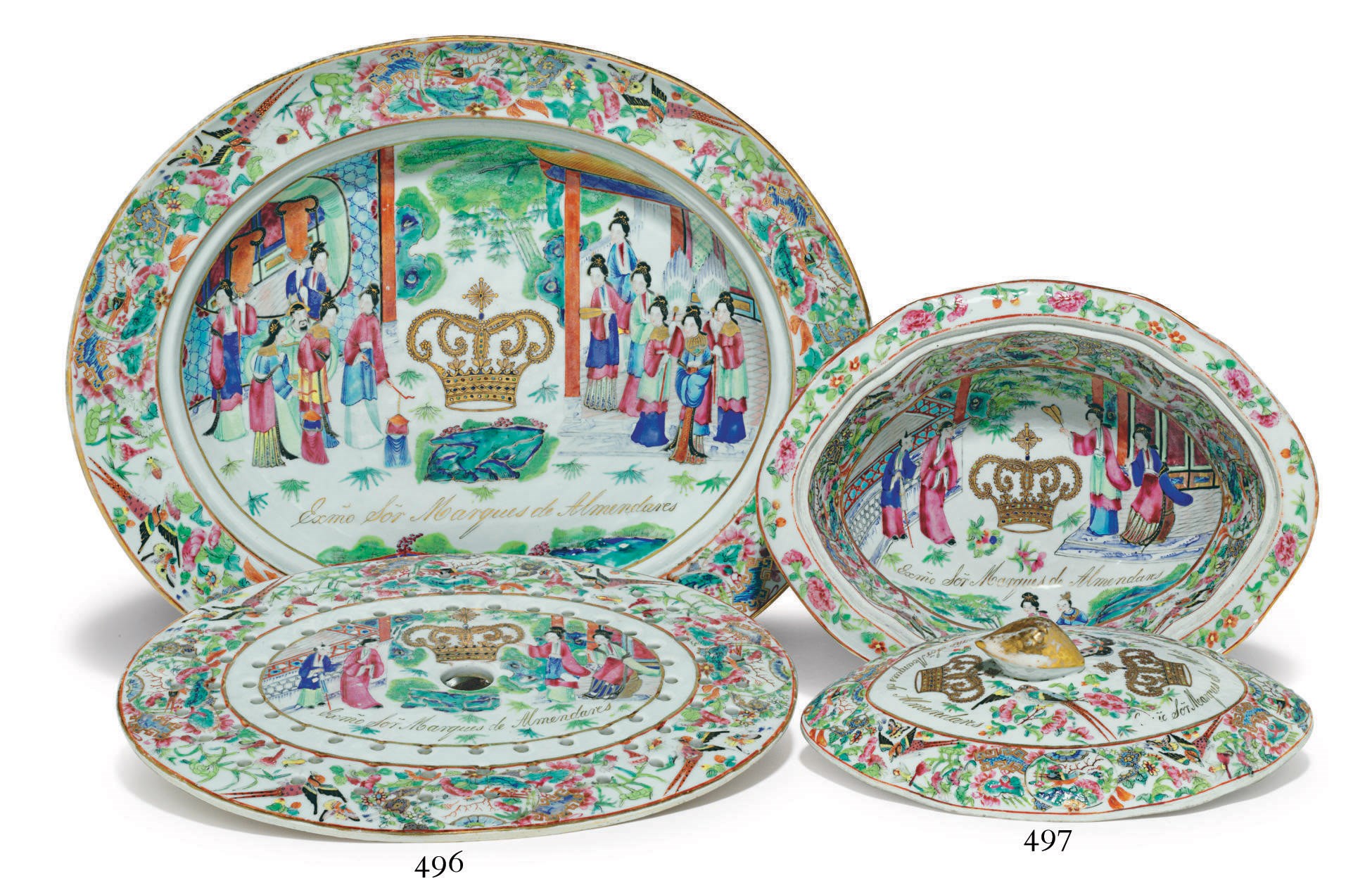 A 'CANTON FAMILLE ROSE' ARMORIAL VEGETABLE TUREEN AND COVER
