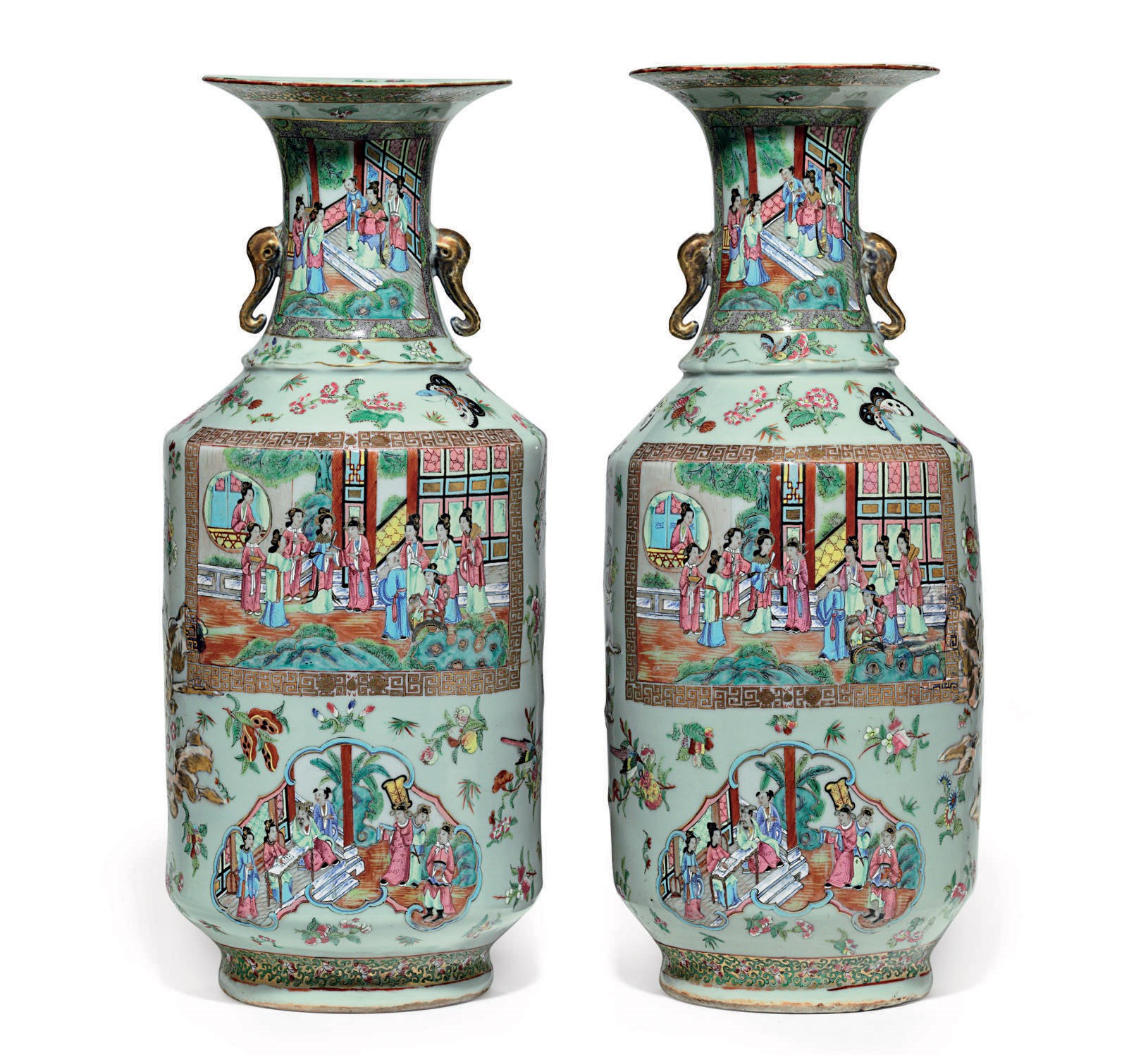 A LARGE PAIR OF CELADON GROUND "CANTON FAMILLE ROSE" VASES