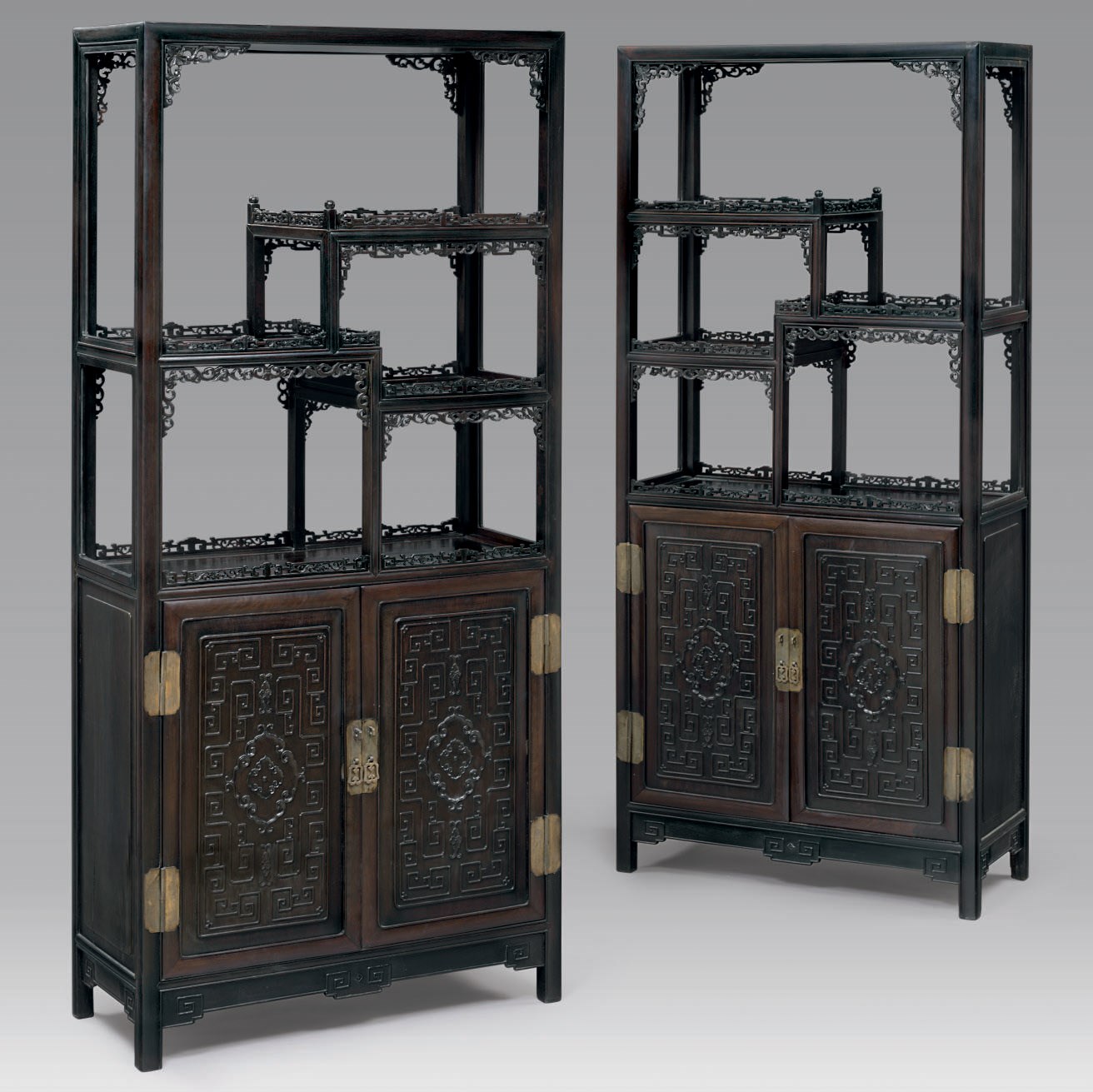 A PAIR OF HARDWOOD DISPLAY CABINETS