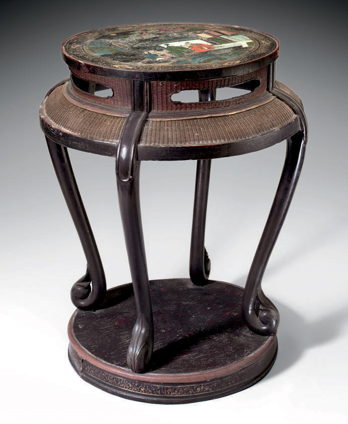 A PAINTED LACQUER AND BASKETWEAVE STAND