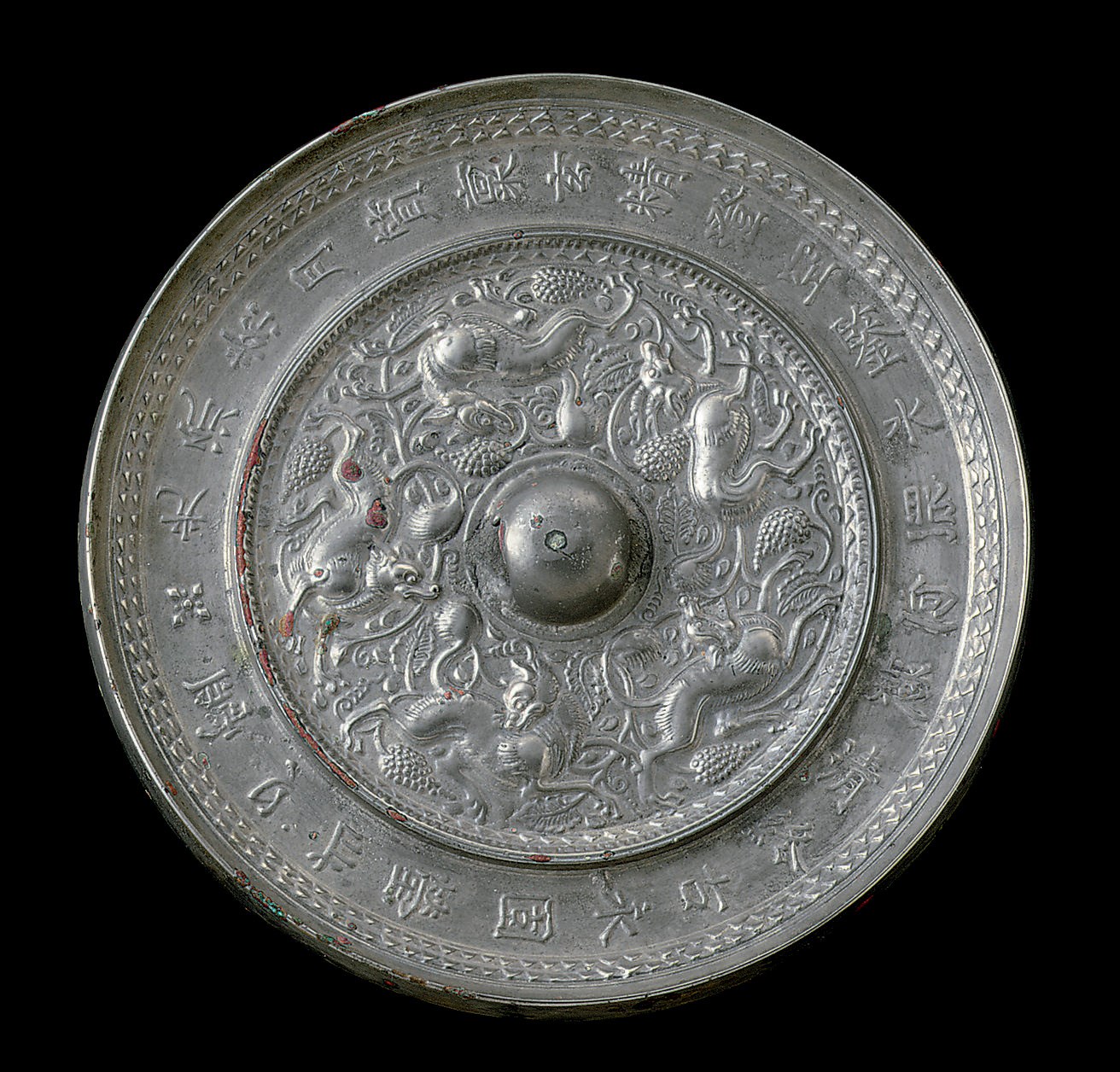 A SILVERY BRONZE 'ANIMAL AND GRAPEVINE' MIRROR