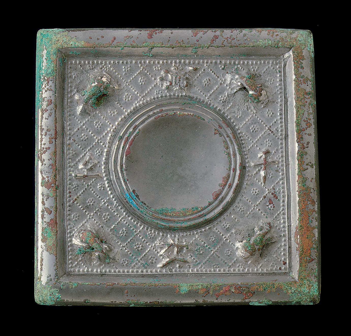 AN UNUSUAL SILVERY BRONZE SQUARE MIRROR