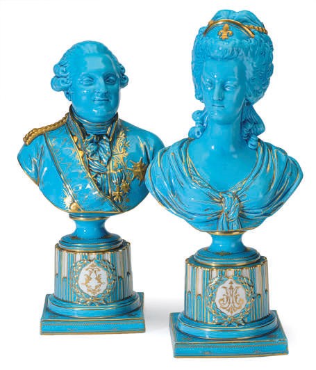 A PAIR OF SEVRES STYLE TURQUOISE-GROUND BUSTS OF LOUIS XVI AND MARIE ANTOINETTE,