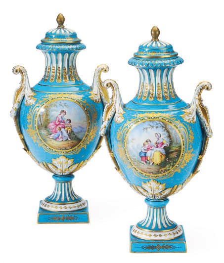 A PAIR OF SEVRES STYLE TURQUOISE-GROUND 'JEWELED' VASES AND COVERS,