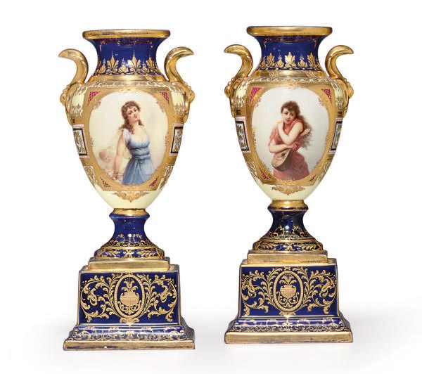 A PAIR OF VIENNA STYLE 'JEWELED' PORTRAIT VASES ON FIXED STANDS, 'MUSIK' AND 'GEFESSELT'