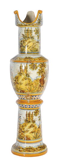 A GERMAN FAIENCE BEER CISTERN PAINTED WITH LANDSCAPES,