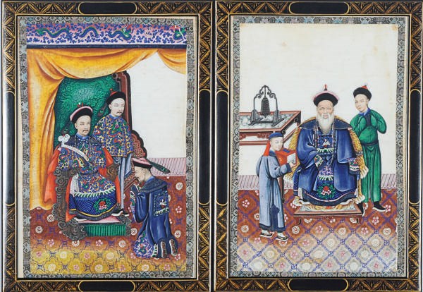 AN ASSEMBLED SET OF TWENTY-THREE FRAMED CHINESE EXPORT STYLE WATERCOLOR DRAWINGS OF FIGURES IN INTERIORS,