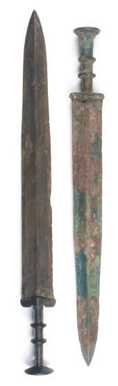 TWO CHINESE BRONZE SWORDS,