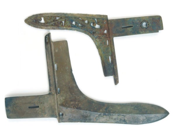 TWO CHINESE BRONZE DAGGER-AXES, GE,