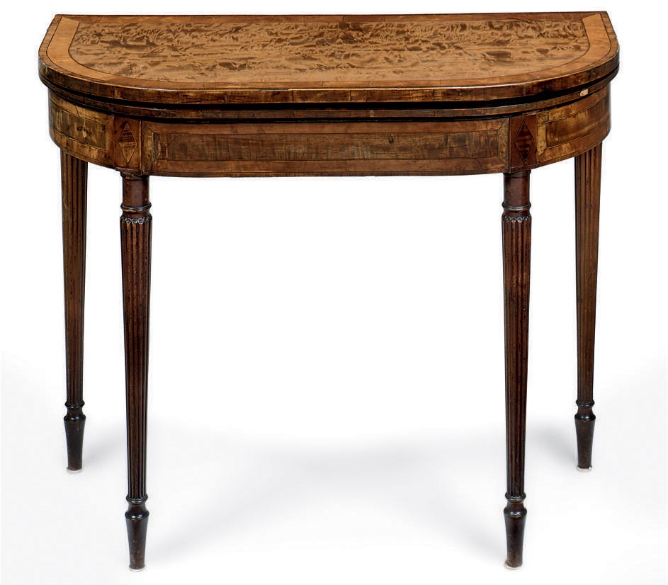 A LATE GEORGE III MAHOGANY AND KINGWOOD AND SATINWOOD CROSSBANDED CARD TABLE