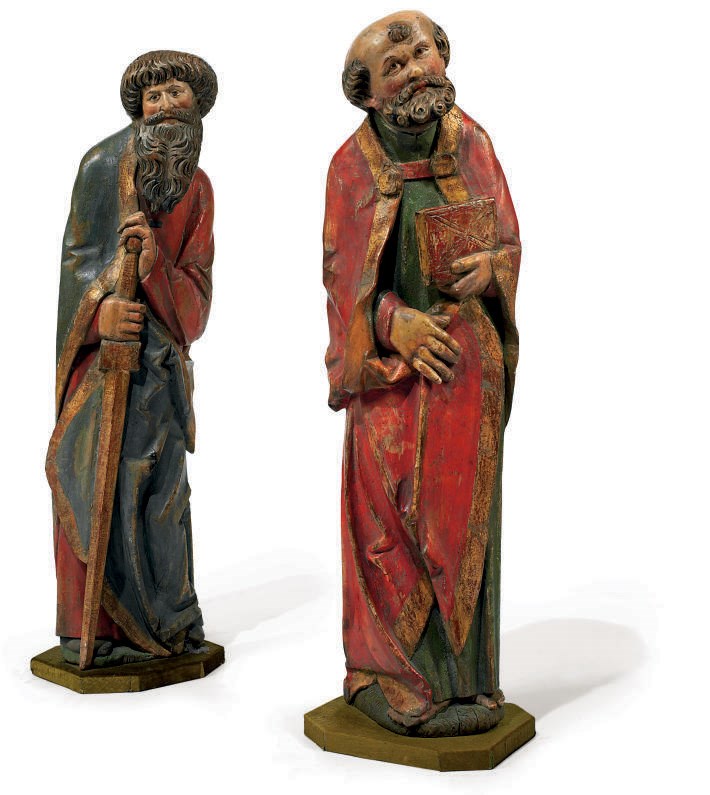 A PAIR OF SOUTH GERMAN OR AUSTRIAN PAINTED WOOD FIGURES OF SAINTS