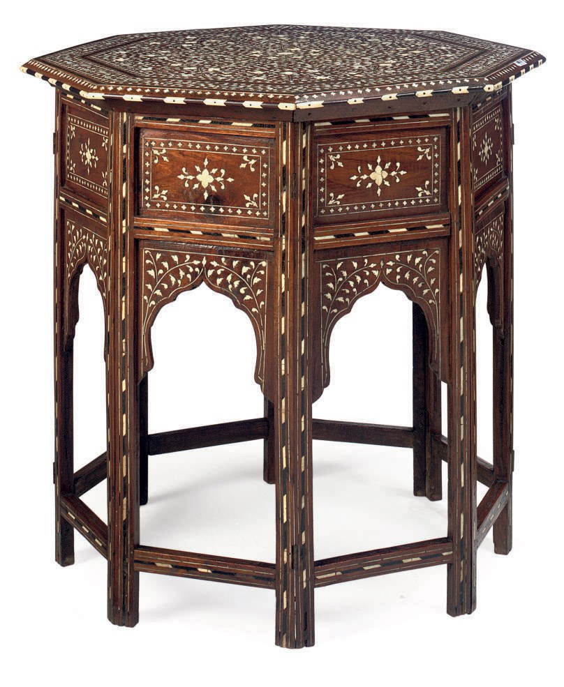 AN INDIAN HARDWOOD AND IVORY INLAID OCCASIONAL TABLE