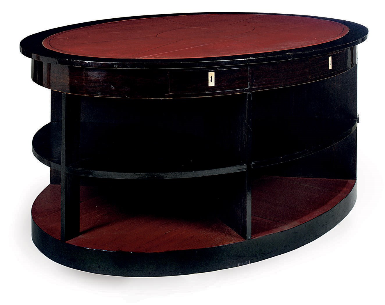 A FRENCH OVAL ROSEWOOD, EBONOISED AND IVORY INLAID LIBRARY TABLE
