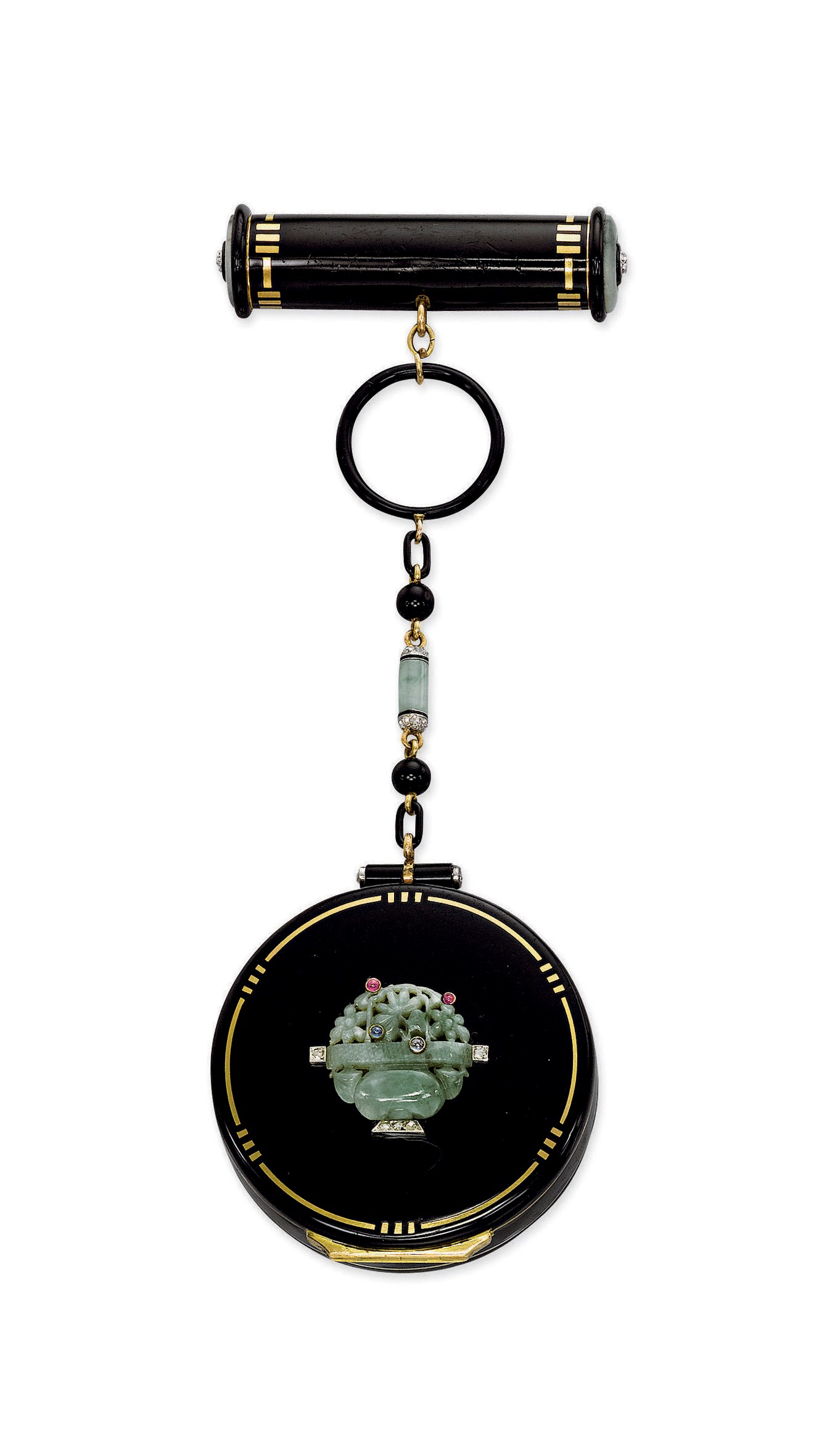 AN ART DECO ENAMEL AND MULTI-GEM VANITY CASE, BY CARTIER