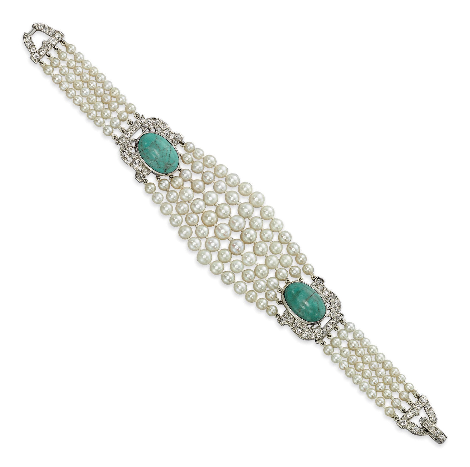 AN ART DECO TURQUOISE, PEARL AND DIAMOND BRACELET, BY CARTIER