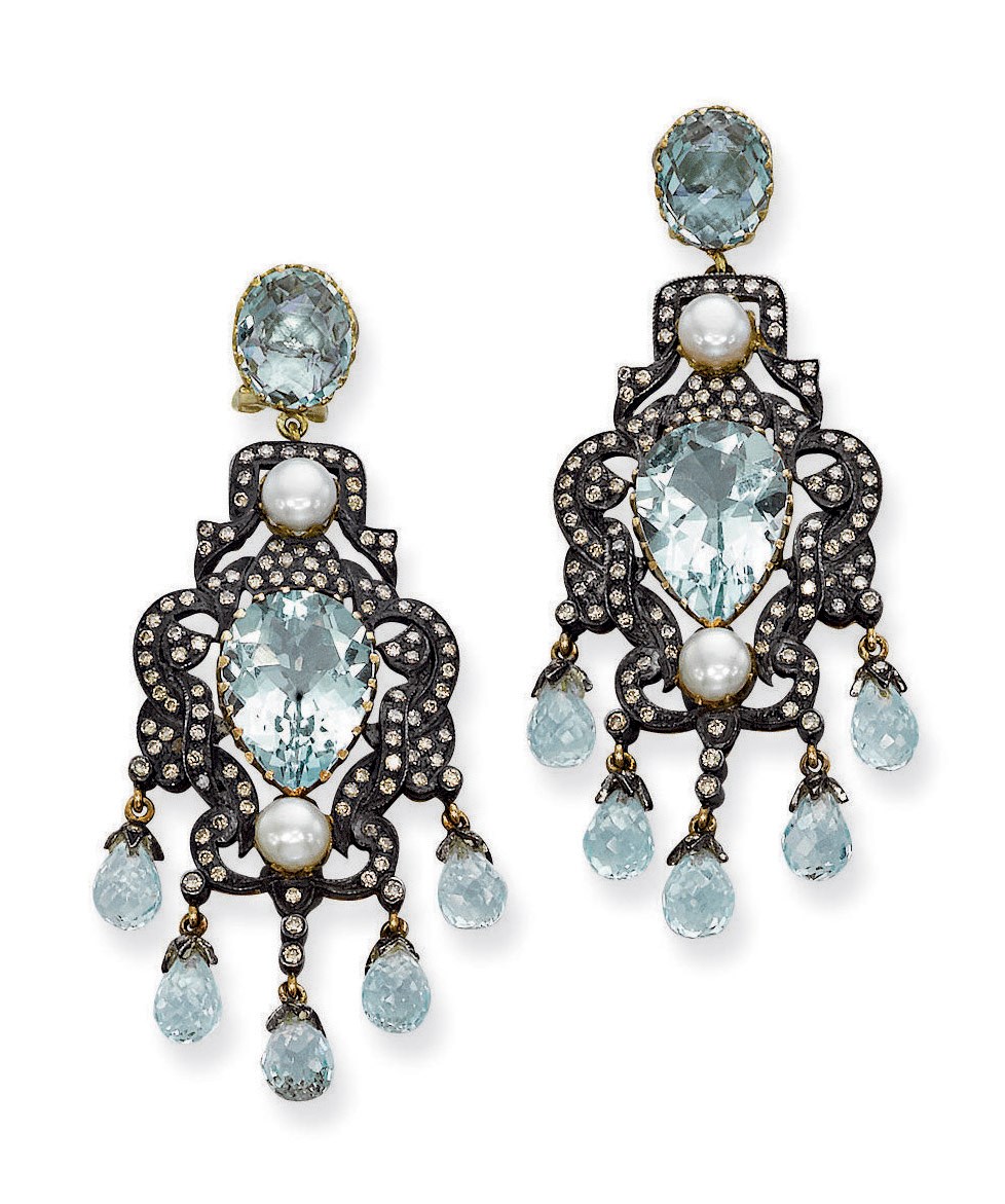 A PAIR OF AQUAMARINE, COLOURED DIAMOND AND CULTURED PEARL CHANDELIER EARRINGS