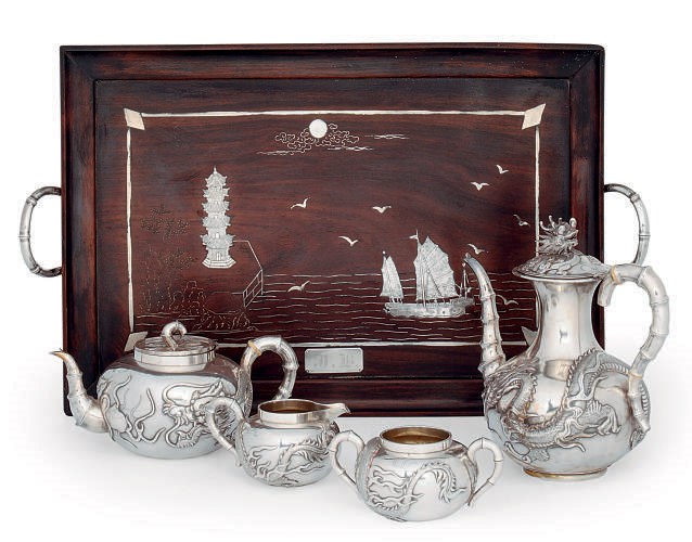 A CHINESE SILVER FOUR PIECE TEA AND COFFEE SERVICE