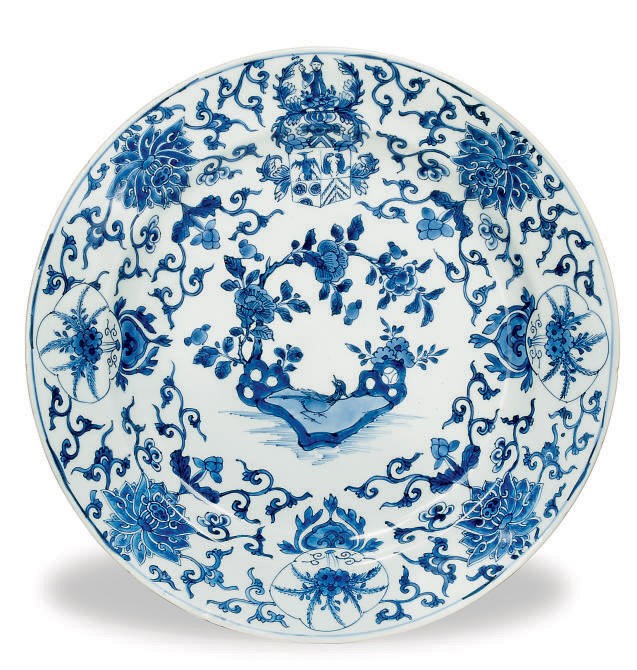 A CHINESE EXPORT BLUE AND WHITE DUTCH MARKET ARMORIAL DISH
